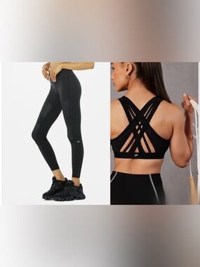 ALO Yoga Black High Waist Moto Leggings XS + Fabletics Faye Sports Bra S. Black